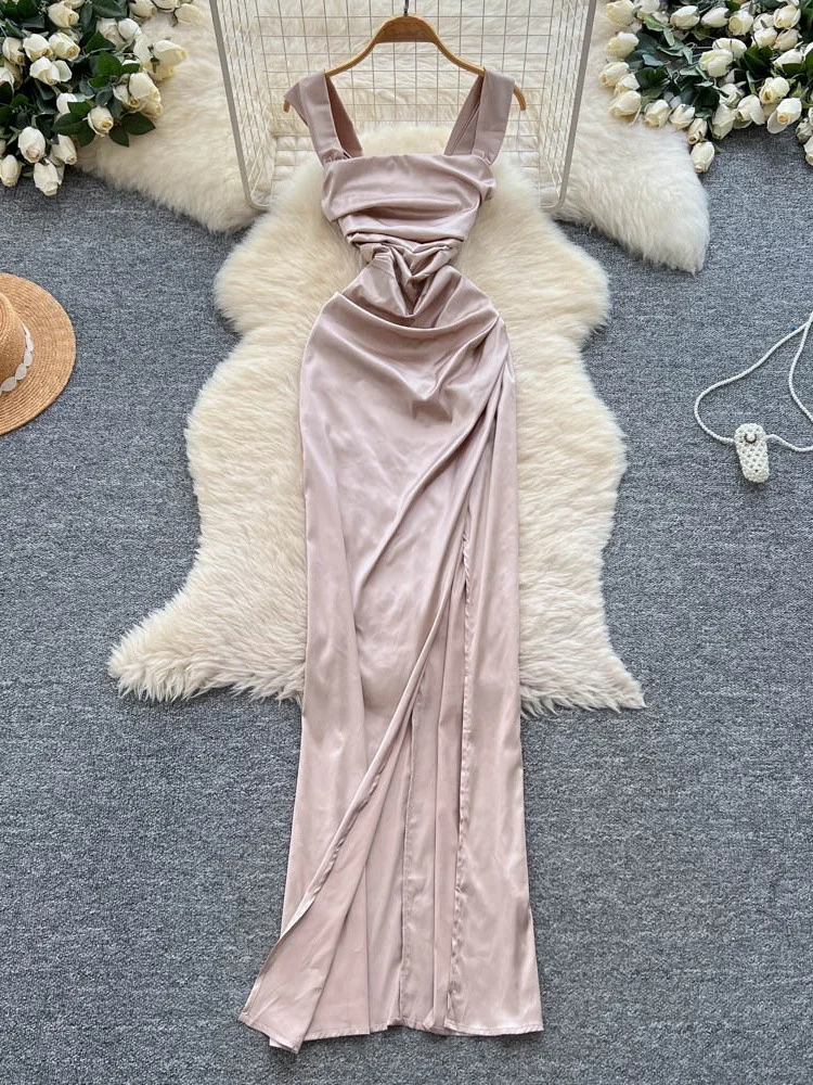 فستان نسائي طويل عصري من الساتان بدون حمالات وخصر مشدود وتنورة مقسمة متوسطة الطول صيفية على الطراز الكوري فستان على شكل حرف a #4