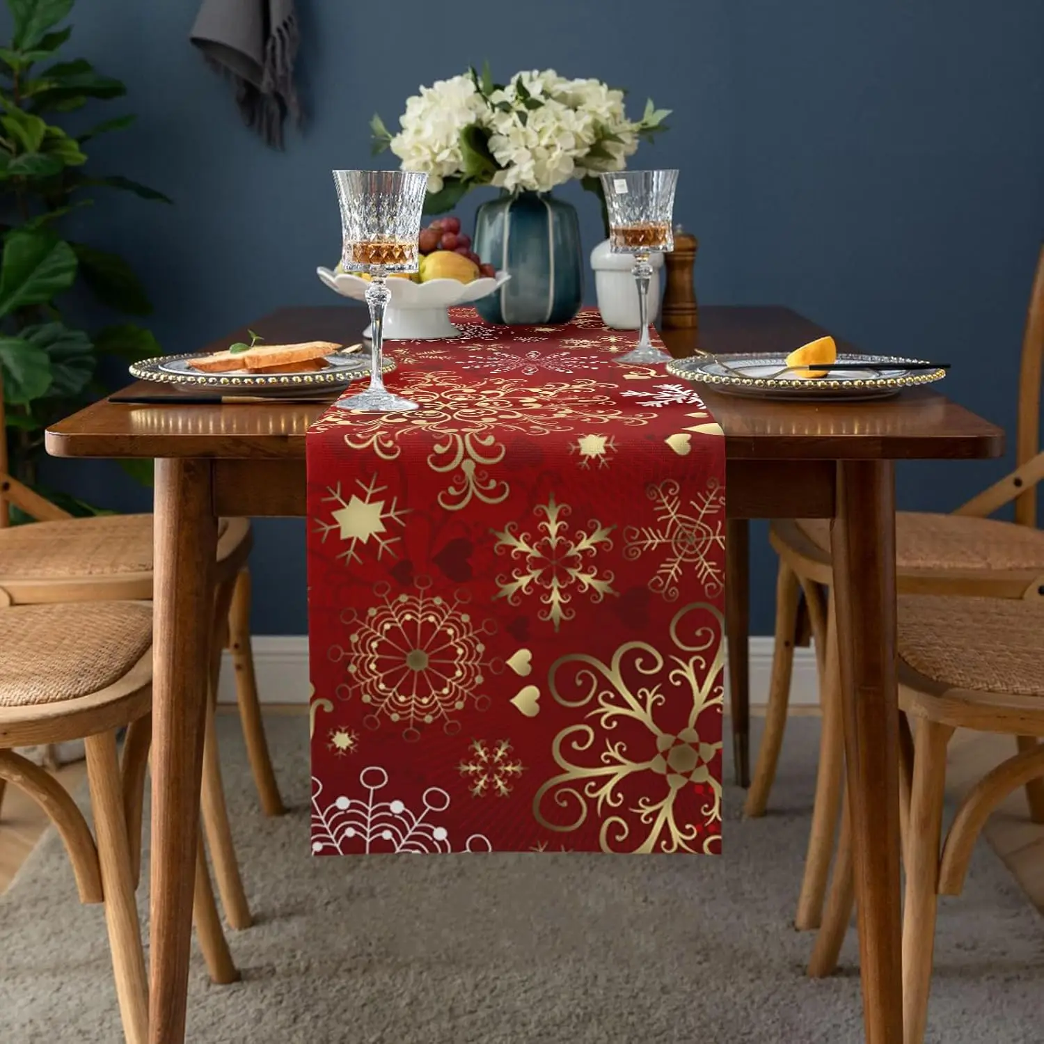 Christmas Gold Snowflake Red Linen Table Runner Holiday Party Decor Reusable Xmas Kitchen Table Runner Christmas Decorations