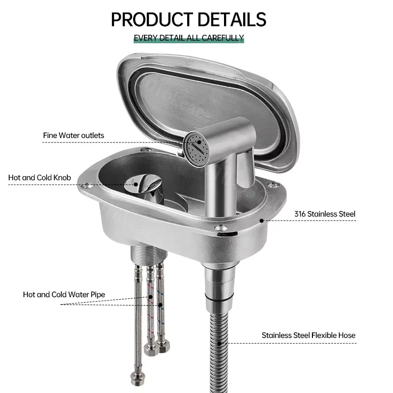 316 Stainless Steel Hot Cold Deck Shower Kit Marine Outdoor Pull Out Shower Set for Yacht RV Camper Use