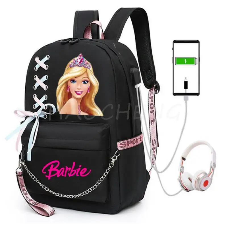 Backpacks Barbie the movie Casual Women&Men Large Capacity Student School Bags Teenager USB Laptop Travel Mochila With Ribbon