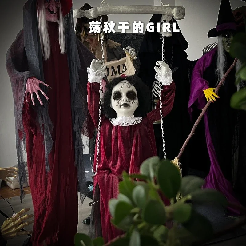 Хэллоуин качающаяся цепочка висит призрак голосовой активированный светящийся череп дом с привидениями ужас украшения кулон реквизит