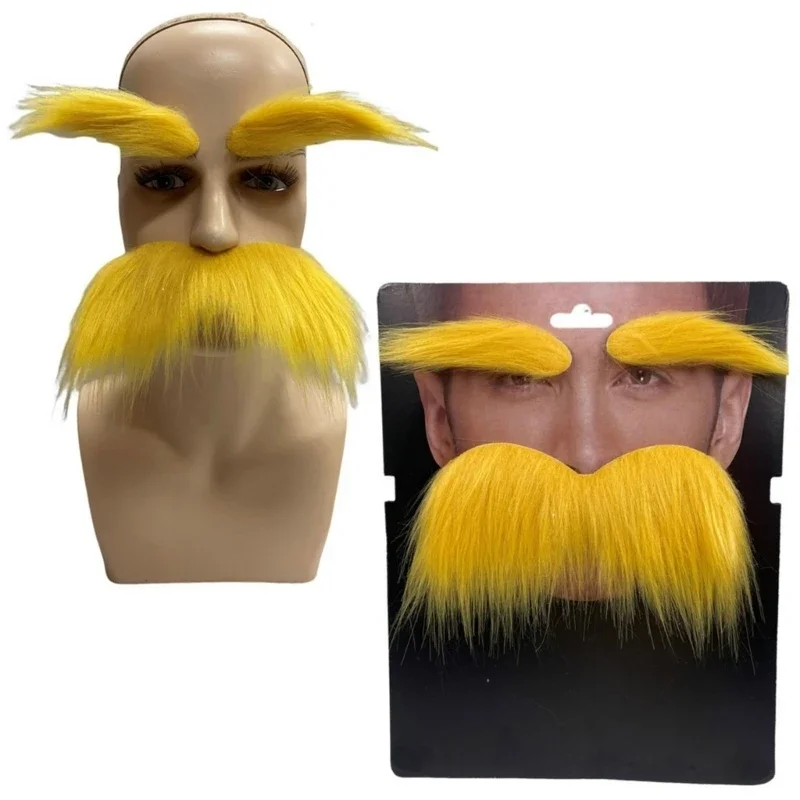 Yellow Mustache and Eyebrows Set Self Adhesive Beard Moustache Halloween Cosplay Costume Accessories for Kid Adult