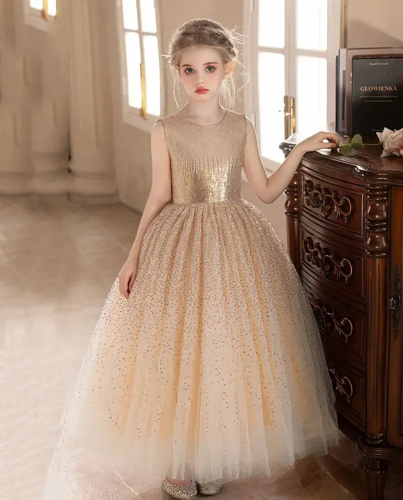 

New Girl Party Dress High-end Champagne Sequined Dress for Girls Birthday Puffy Dresses