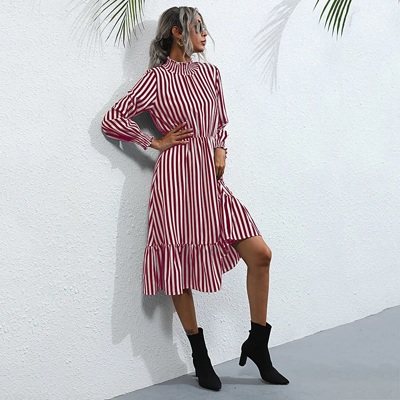 JIM & NORA-vestido a rayas de colores para mujer, prenda de vestir de cintura alta, manga larga, falda larga, primavera y otoño