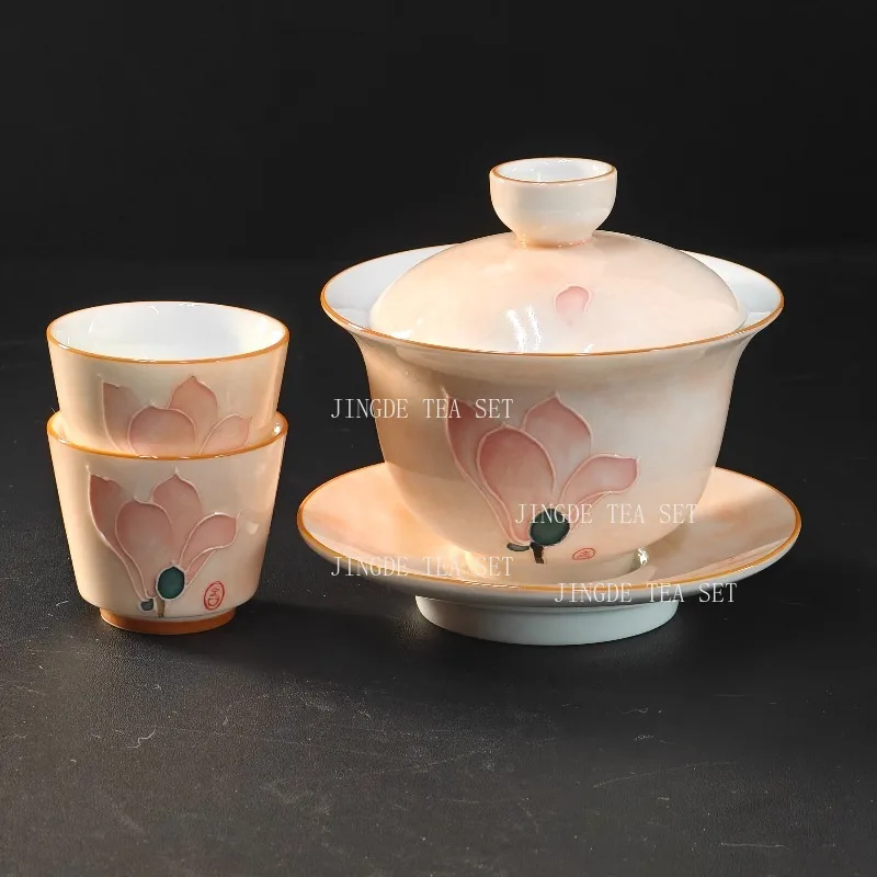 Pink Lotus Tea Set Hand Drawn Lid Bowl High-end Tea Tasting Cup Relief Madam Kungfu Teaware Sets Drinking Utensils Tea Infuser