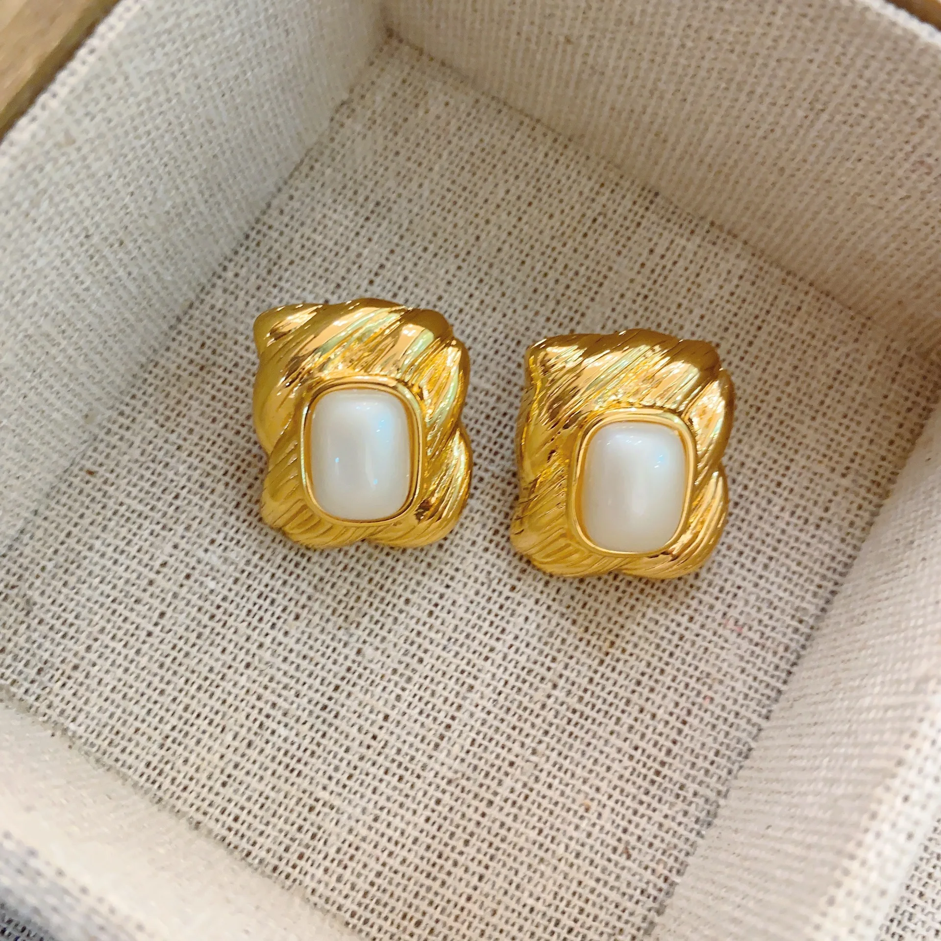 Brass Faux Pearl Square Stud Earrings Women Jewelry Punk Party T Show Gown Runway Korean Japan INS