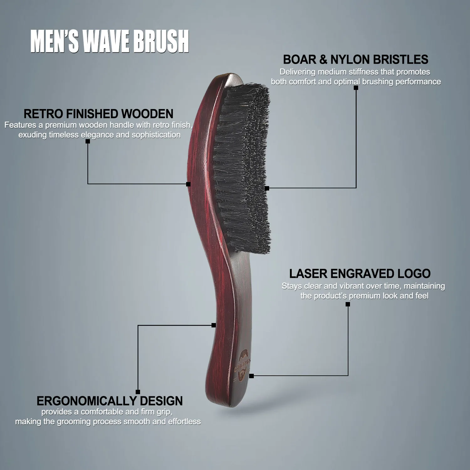 Gracemen Beard Brush 360 Hair Wave Brush Wooden Handle Boar & Nylon Bristles Mix Medium Stiffness Curved Stylist Comb for Men