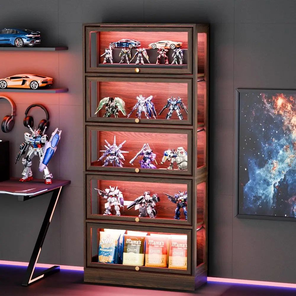 5-Tier Walnut Acrylic Glass Display Cabinet with LED Lighting for Collectibles and Toys