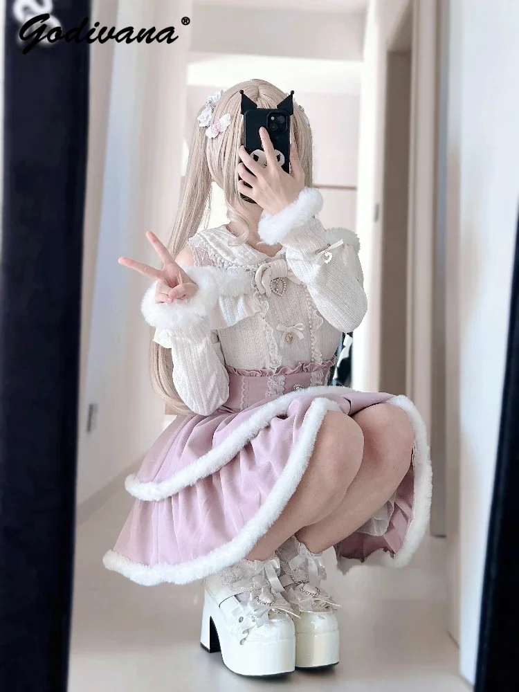 

Mine Mass Production Furry Stitching Hollow Out Shoulder Knitted Top Sweet Girl Women's Pearl Lace Bow Plush Knitwear Sweaters