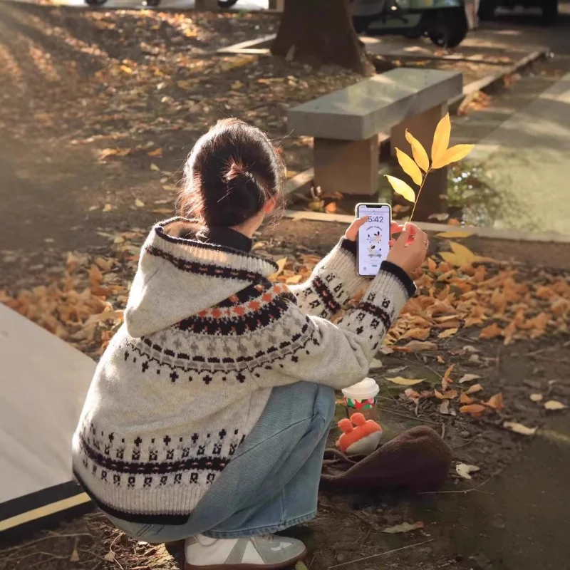 

Fashionable Retro Jacquard Sweater Knitted Cardigan Jacket for Women's Autumn and Winter 2025 New Christmas Top Female Clothing