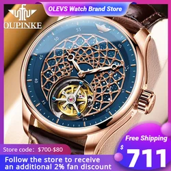 OUPINKE Tourbillon Automatic Mechanical Men's Wristwatch HighEnd Sapphire Crystal Skeleton Leather Band Waterproof Watch for Man