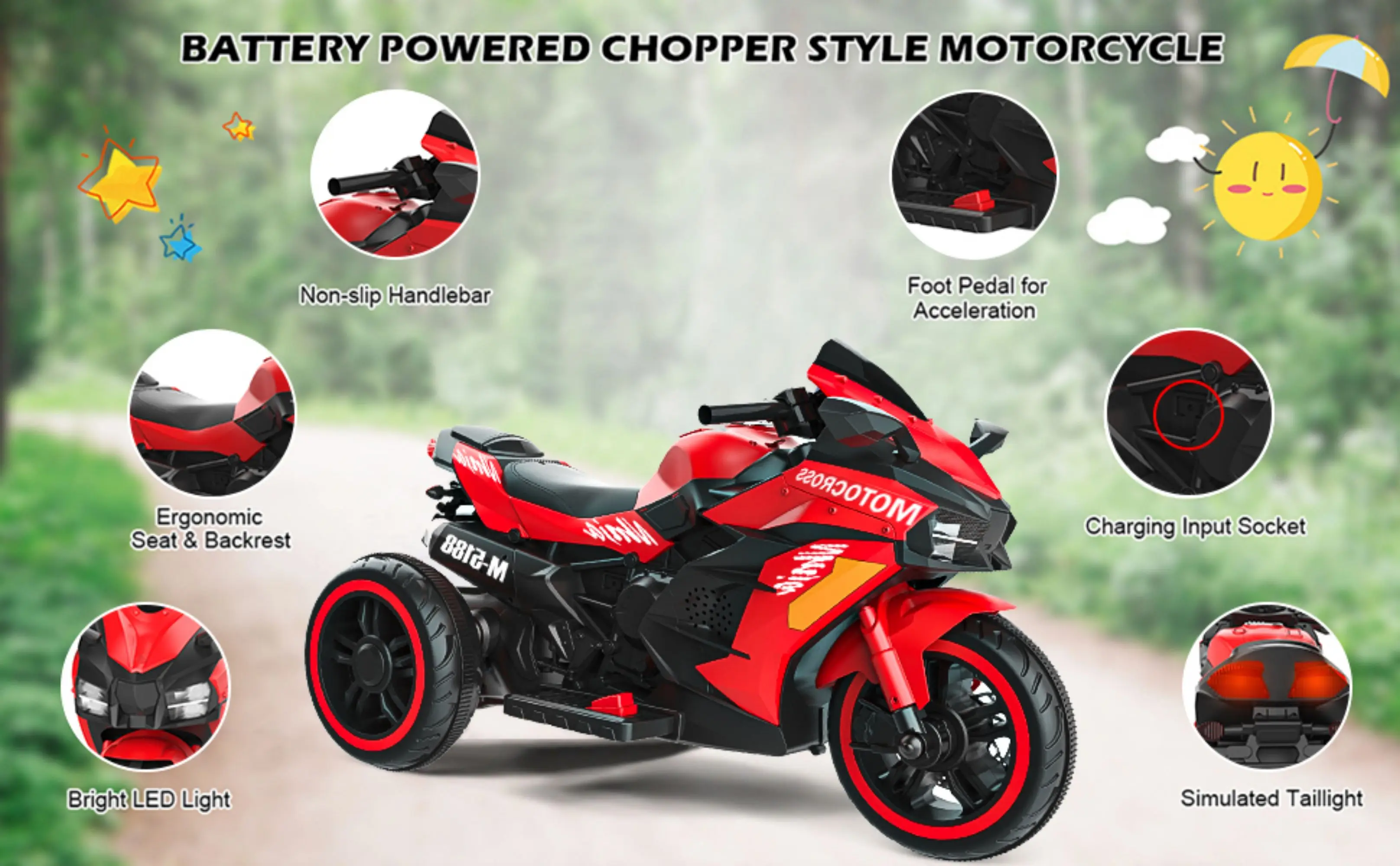 12V Battery Motorcycle, 3 Wheel Motorbike Kids Rechargeable Ride On Car Electric Cars Motorcycles--Red