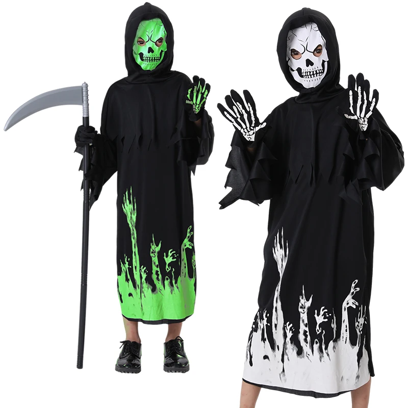 Leuchtendes Reaper-Set für Kinder – leuchtender Robe-Schädel-Aufdruck mit Sichel und Handschuhen, Halloween-Mottoparty,