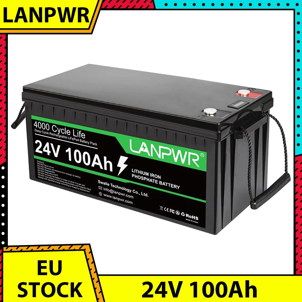 LANPWR 24V 100Ah LiFePO4 Lithium Battery Pack Backup Power, 2560Wh Energy, 4000+ Deep Cycles, Built-in 100A BMS, 100% DOD