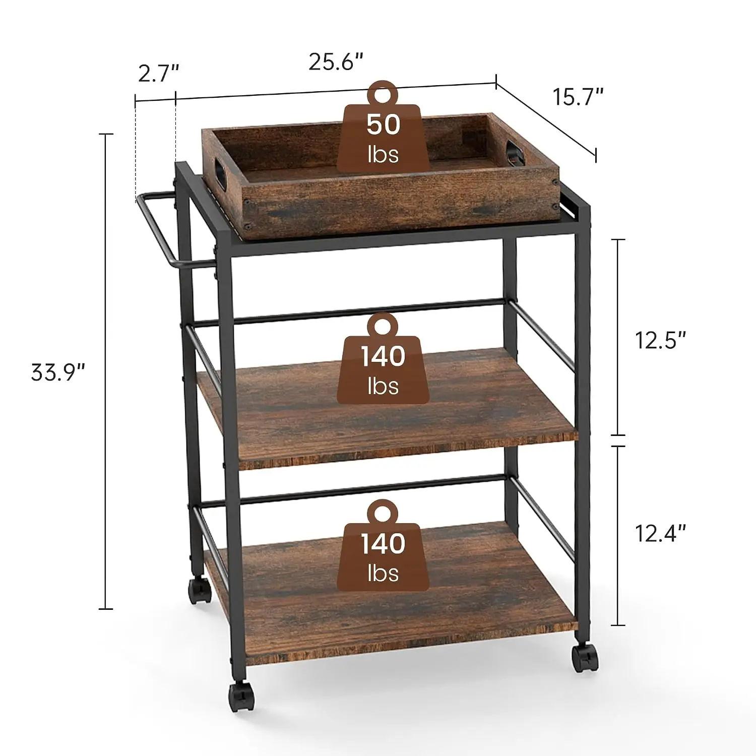 3 Tier Kitchen Cart, Rolling Bar Cart, Rustic Brown&Black