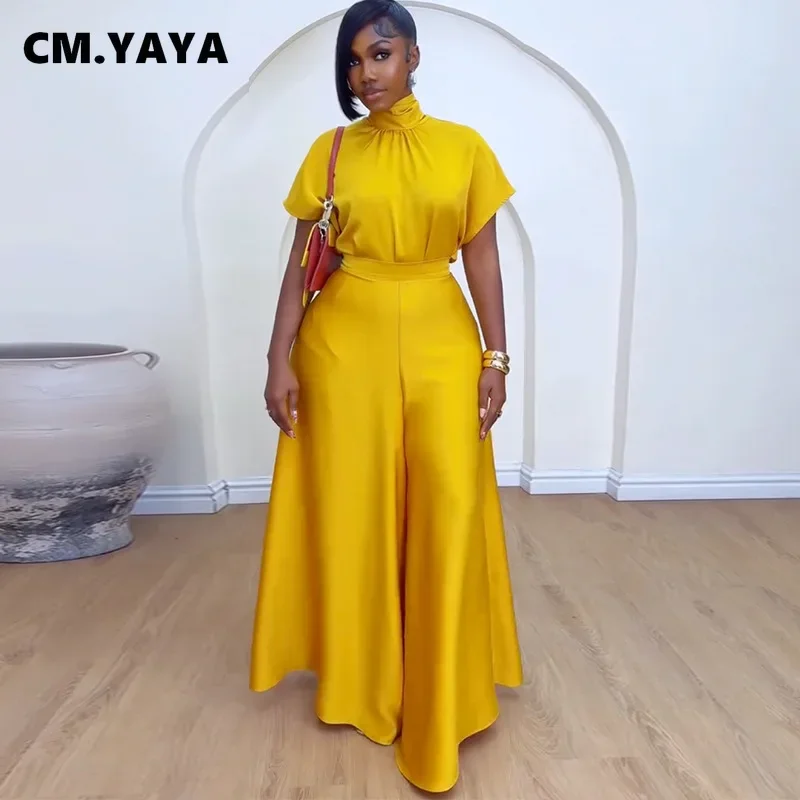 CM.YAYA Women's Set satin Short Sleeve Turtleneck Shirt+wide Leg Pants 2024 Fall Streetwear OL Two 2Piece Sets Outfits Tracksuit