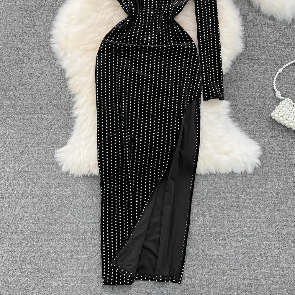 Sexy Black Mesh High Split Irregular Maxi Dress New Women Long Sleeve Bodycon Night Clubwear Long Dress