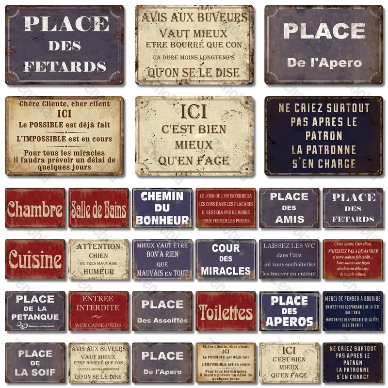 Place Des Aperos Plaque Metal Vintage French Retro Metal Tin Sign Bar Pub Club Wall Decor Iron Painting Decorative Plate