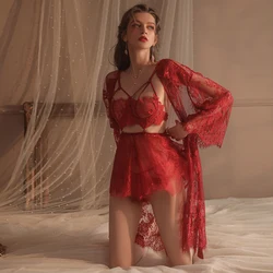 Sexy Mousse 2023 Summer Women Pajamas Sexy Lace Embroidered Mesh Solid Color Sling Nightdress Robe Women's Homewear Set White