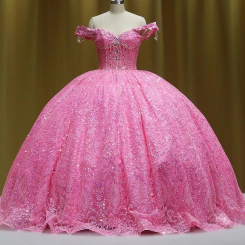 

Rose Red Shiny Ball Gown Quinceanera Dresses Sequin Applique Lace Beading Crystal Tull Corset Off Shoulder Sweet 16 Dress Vestid