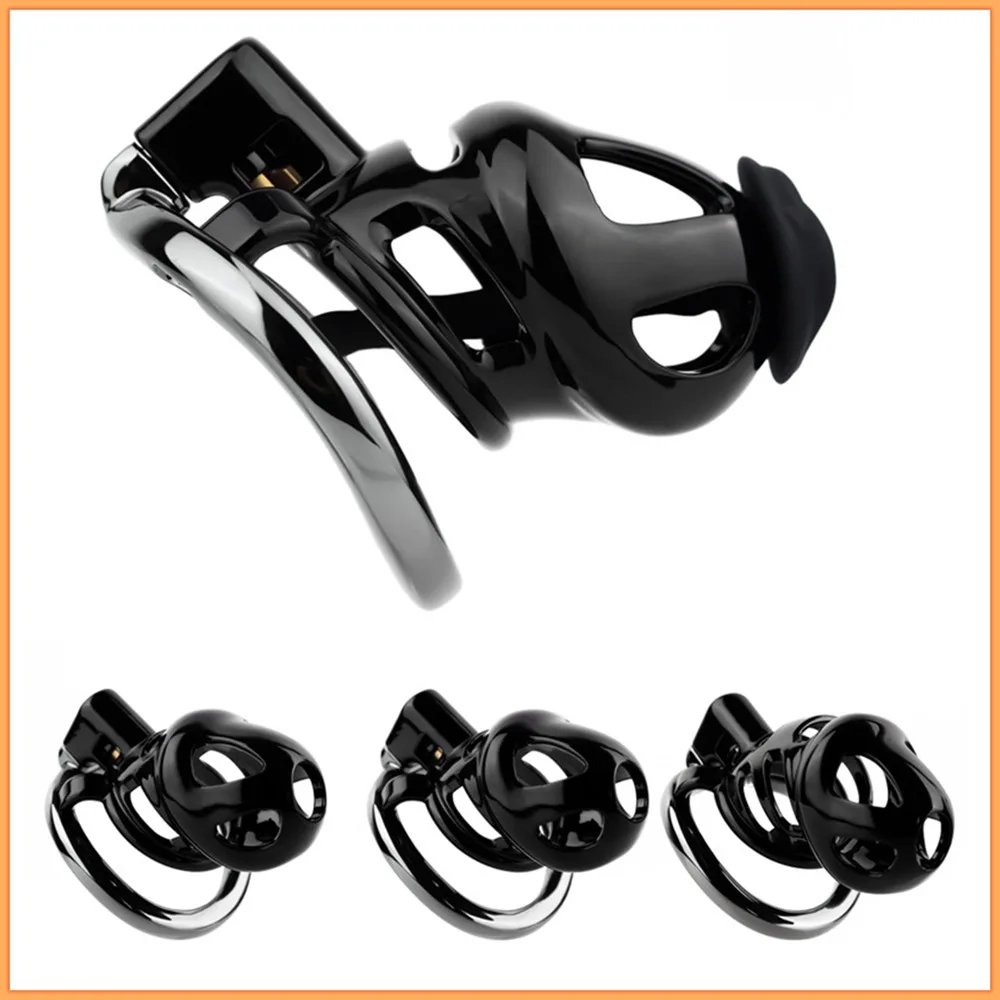 Resin Male Chastity Cage with 4 Size Aluminum Alloy Penis Ring Erotic Urethral Lock Device Cock Cage Adult Sex Toys for Men