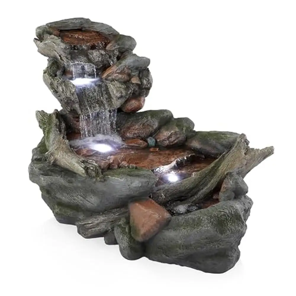 3-Tier Rock River Water Fountain LED Lights Outdoor Garden Decor Polystone Fiberglass Display Durable