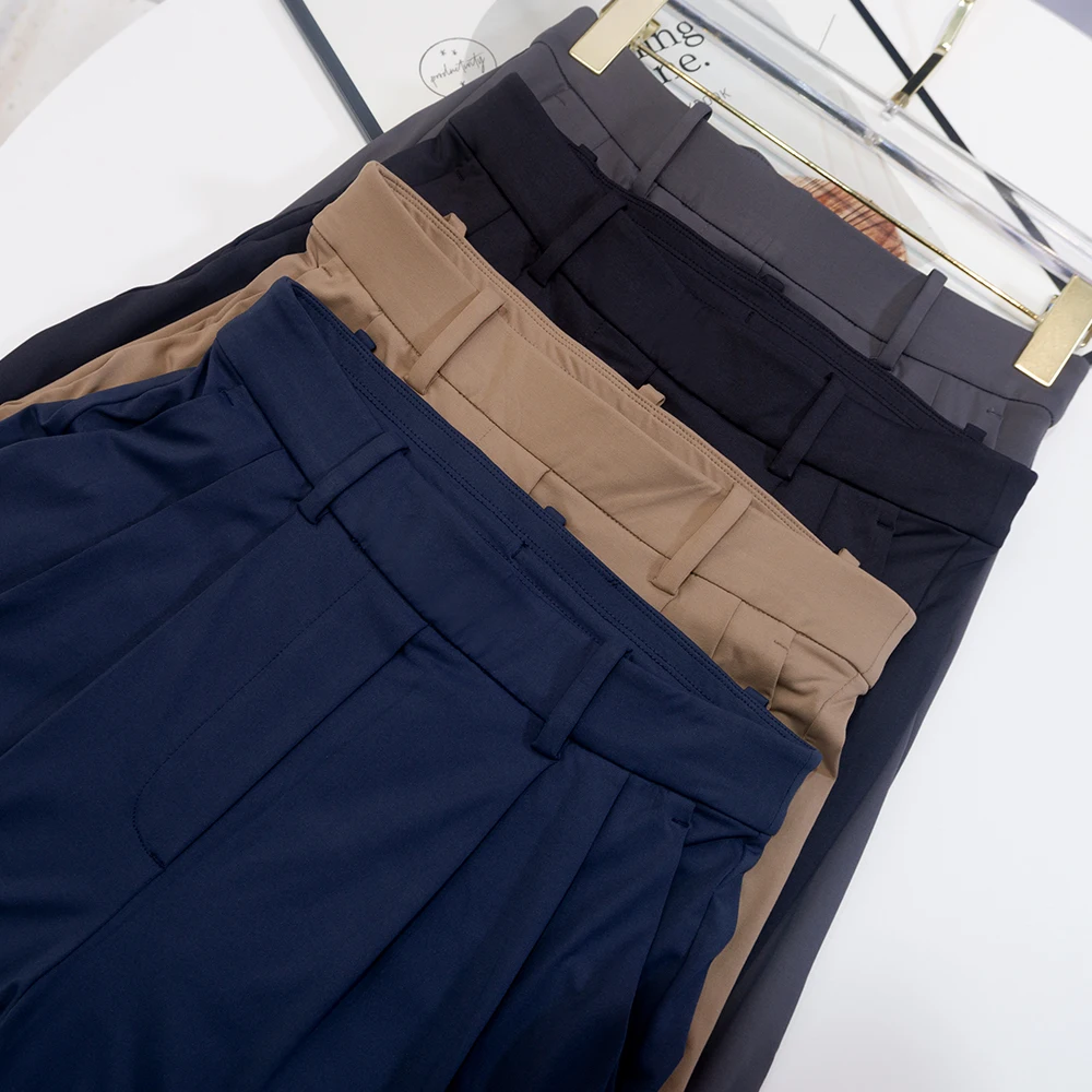 Pocketed suit pants with pleats, cool feeling, versatile wide-legged, long pants, casual, straight-cut, elastic waist