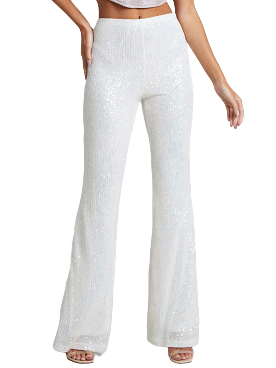 

Women s Sequin Flared Pants Elastic High Waist Wide Leg Sparkly Sequins Bell-bottom Pants