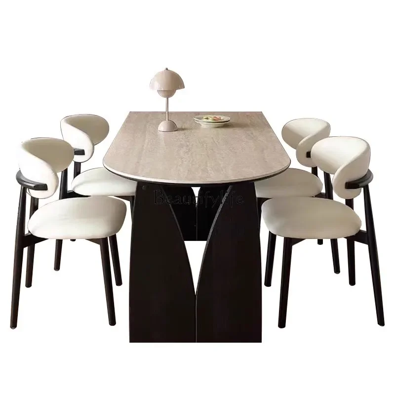 

LJYFrench retro travertine rock slab dining table household oval solid wood dining table ancient quiet wind