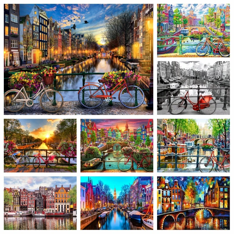 Netherlands Amsterdam Canal With Bicycles Sunrise Landscape Diamond Painting Wall Art Museum Square Cross Stitch Room Decor