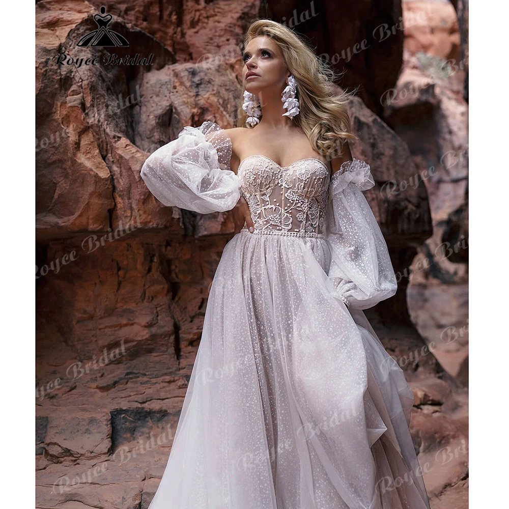 Strapless Polka Dot Tulle A-Line Boho Wedding Dress Removable Puff Sleeves Lace Corset Bridal Gown for Outdoor Wedding Customize