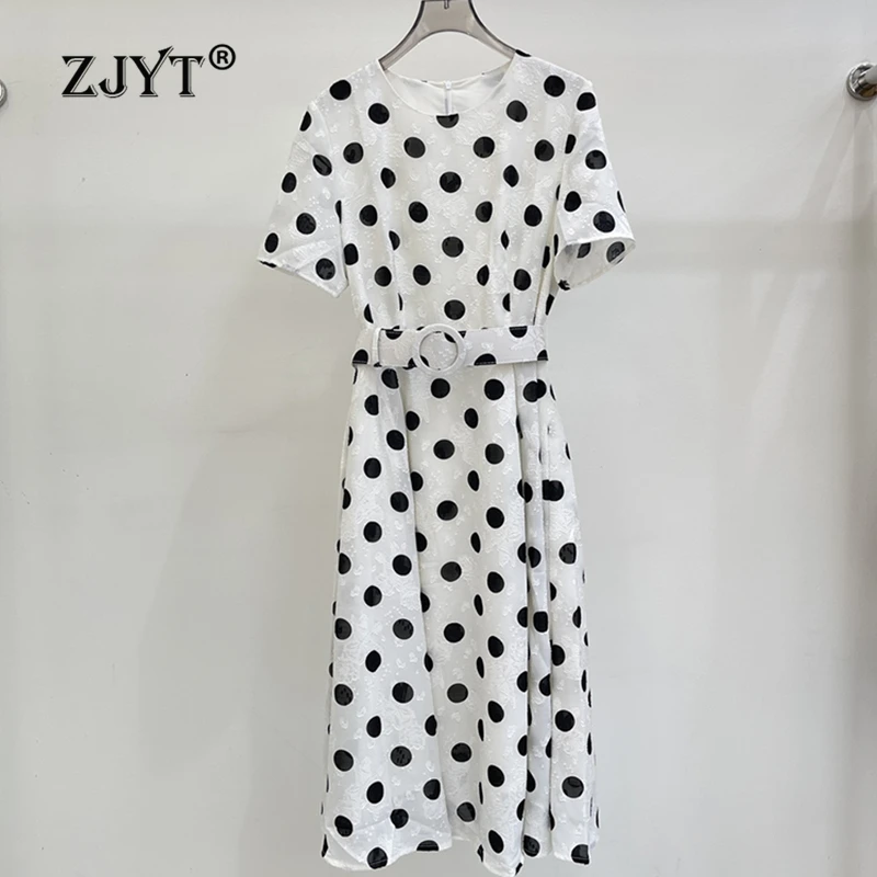 

ZJYT Fashion Women's Summer Dress Vestidos Para Mujer Elegant Short Sleeve Dot Print Casual Dresses White Black Female Clothing