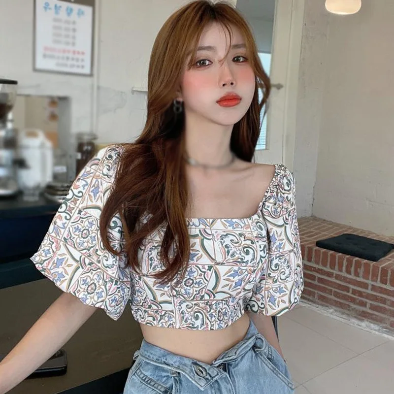 Women\'s Floral Print Square Collar Blouse Exposed Navel Chiffon Puff Short Sleeve Shirt Blouse