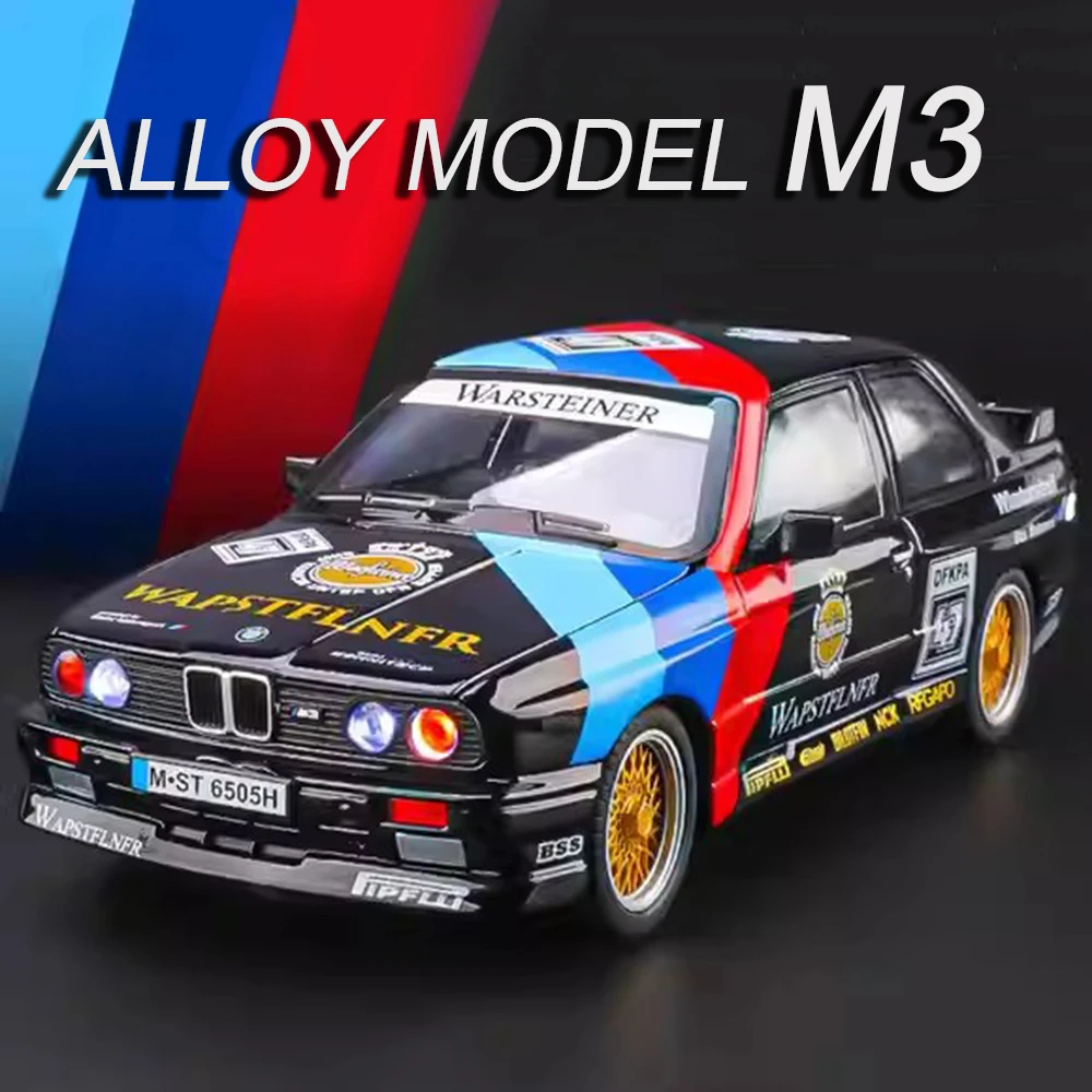 

1:24 M3 GTR M4 Alloy Miniature Model Toy Diecast Cars Front Wheel Steering Doors Opened Sound Light Collect Models for Boy Gifts