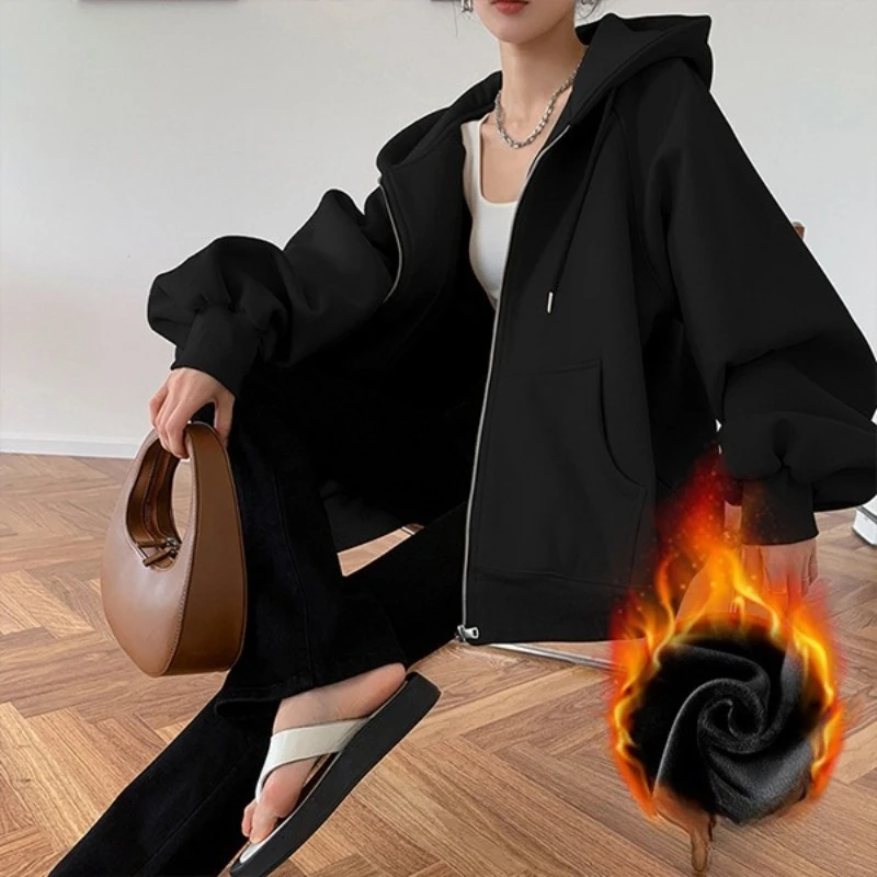 เสื้อฮู้ดผู้หญิง ฤดูหนาว สไตล์เกาหลีใหม่ ทรงหลวม สไตล์สบายๆ ซิปคาร์ดิแกน เสื้อแจ็คเก็ต ผ้ากำมะหยี่ เสื้อสเวตเตอร์ผู้หญิง เสื้อผ้าผู้หญิง