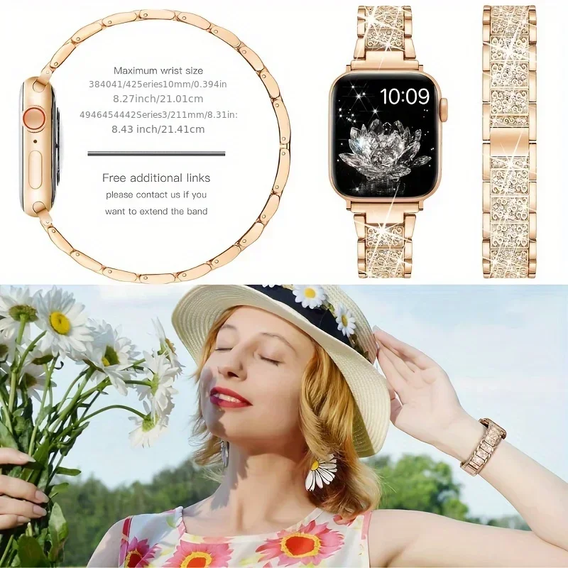 Correa de diamante de lujo para Apple Watch Ultra 49mm 10 46/42mm para iWatch Series 9 8 7 6 5 45/44/40/38mm banda de acero inoxidable para mujer