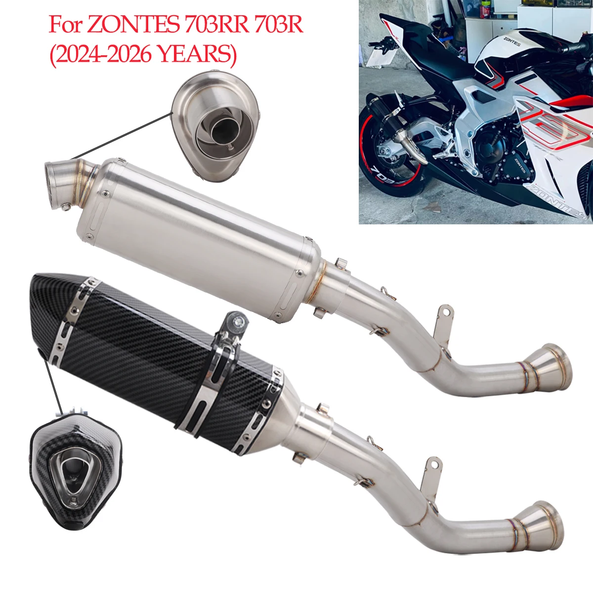 Motorcycle Exhaust Systems For ZONTES 703RR 2024 2025 2026 Escape Racing Muffler Link Mid Pipe with Steel Plate