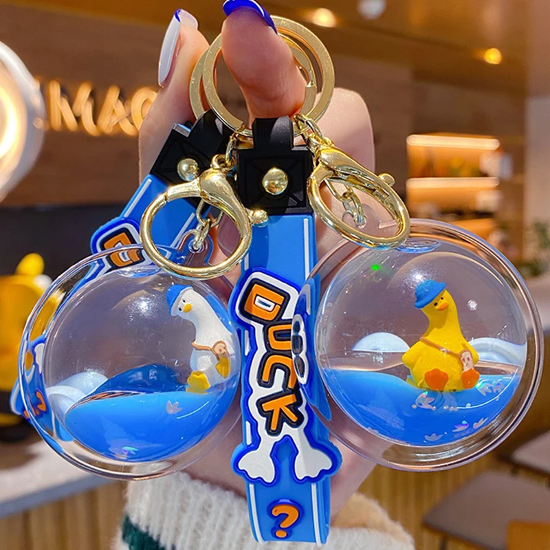 Cartoon Acrylic Ball Into Oil Floating Tilted Duck Liquid Keychain Holder Cute Hat Duck Animal Sequin Key Chain Girl Bag Pendant image 4