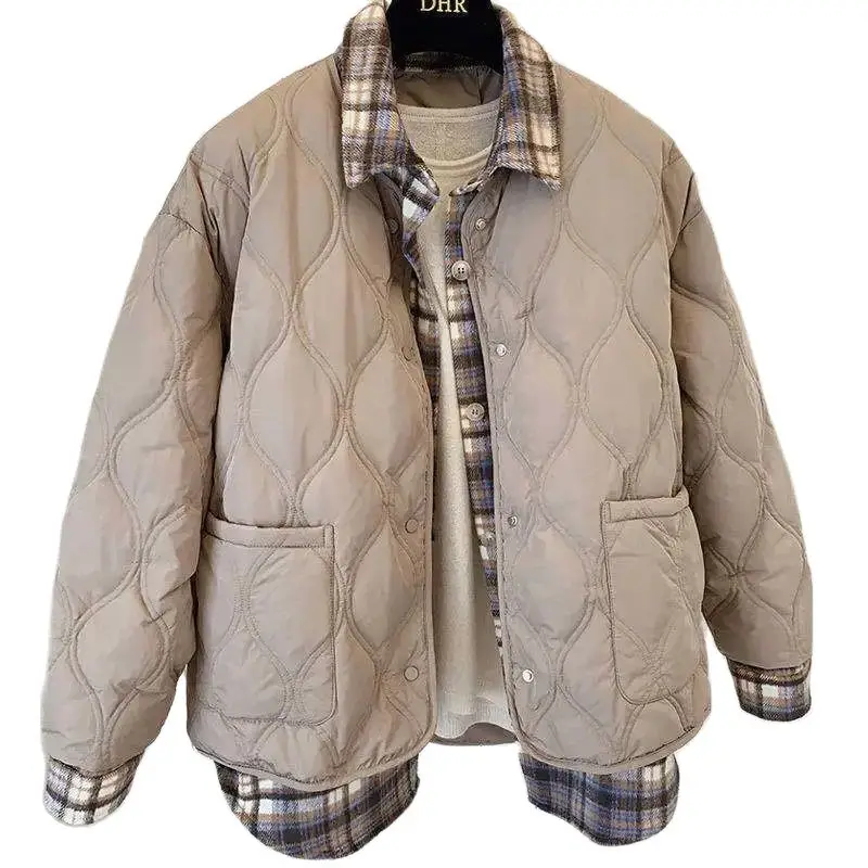 Autumn Winter Shirt Join Together Cotton Jacket Women 2024 New Fashion Loose Casual Fake Two Pieces Thicken Outerwear Female