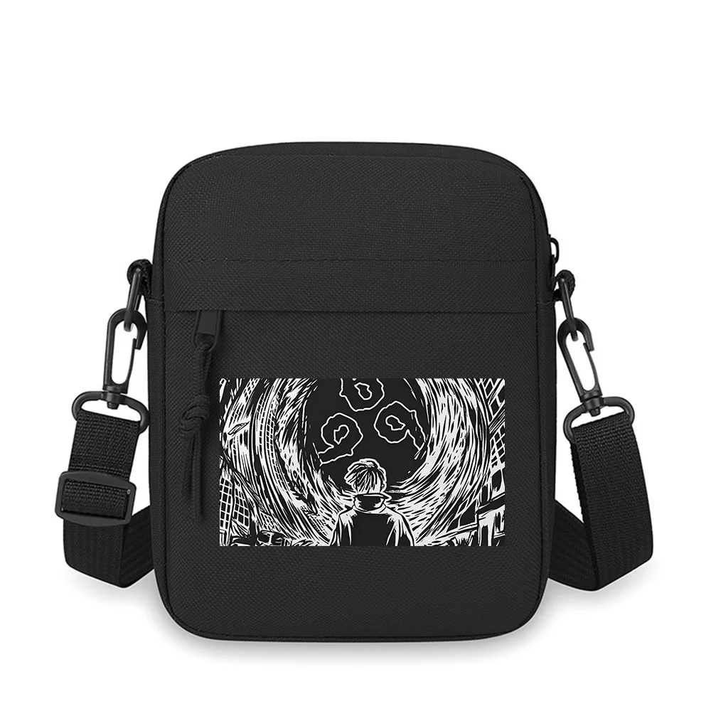 

Figure swirling black shapes circles white. Men Crossbody Bag Single Shoulder Women Cartoon Anime Film Printing Design Unisex