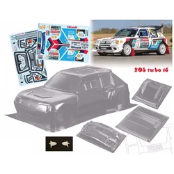 TC205 1/10 Peugeott 205 T16 RC Rally car Clear Lexan Body W/Rear spoiler + Light Buckles and rear Mirrors + decal sheet