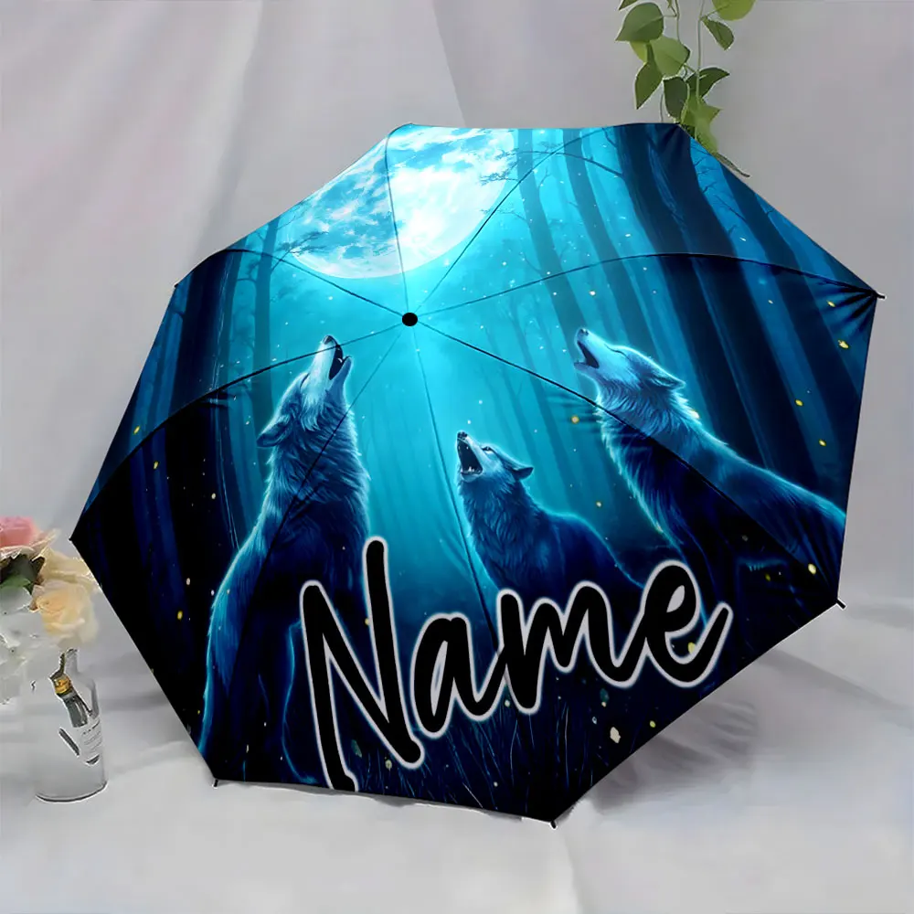 Custom Name Umbrella Three Wolves and a Full Moon Umbrella Design Print 8 Iron Ribs Folding Umbrella Auto-Open Fashion Sunshade
