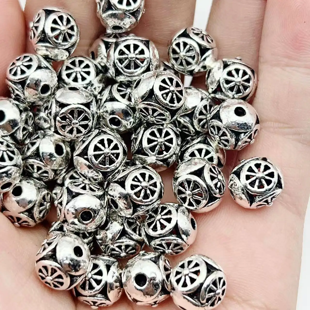 Juya 10 20 Stück/Lot 10 12mm Gravierte Perlen Hohl Antik Gold Silber Beschichtete Metallperlen für DIY Damen Herren Perlenarbeiten Schmuckherstellung – Detail 17