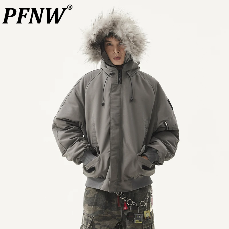 PFNW Men\'s Fur Collar Gray Parkas Overcoat 2024 New Trendy Cotton-padded Coat Cleanfit Loose Fit Thick Warm Winter Coat 28W5475