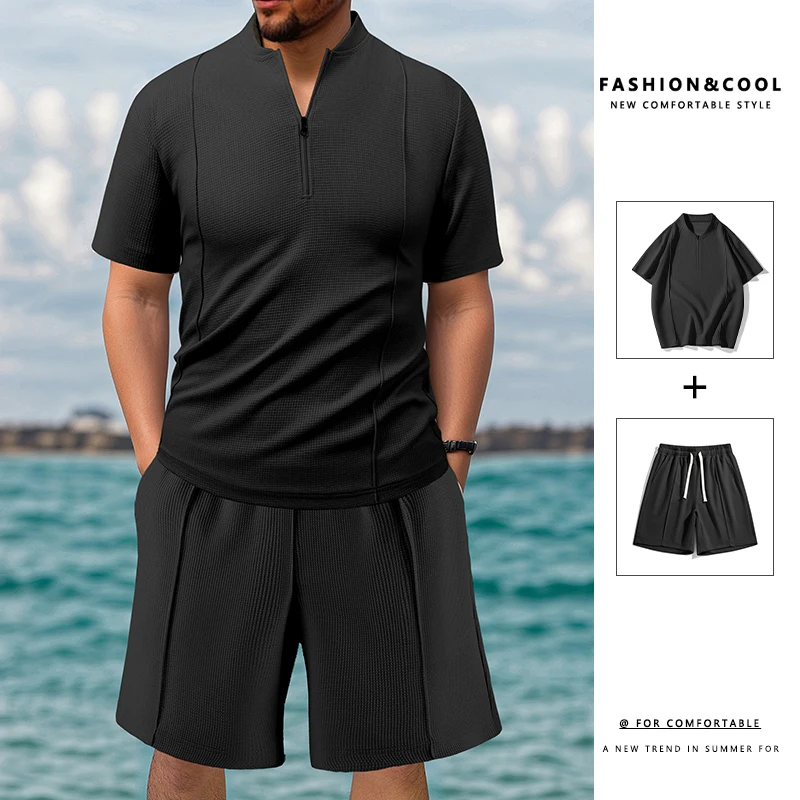 

Летний мужской спортивный костюм-поло с коротким рукавом, стильная рубашка-поло на молнии и шорты, комплект для мужчин, повседневная уличная одежда, 2-х предметный спортивный набор для отдыха.