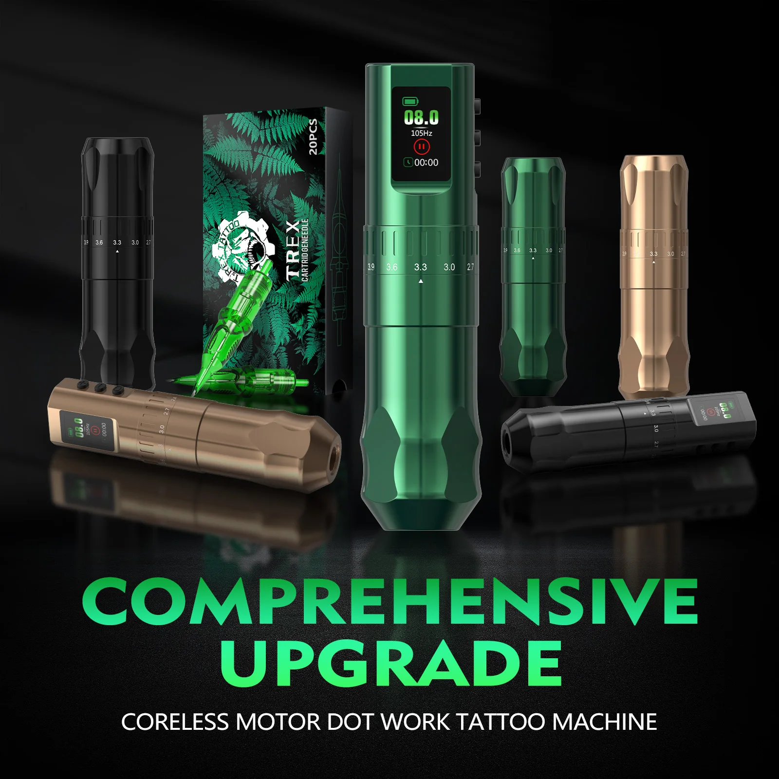 مجموعة مسدس الوشم T-Rex مجموعة الوشم ماكينة رسم الوشم التجميلي اللاسلكية الكاملة 1600 مللي أمبير في الساعة قوة قابلة للتعديل 7 أنواع من مجموعة المبتدئين في رحلة السفر