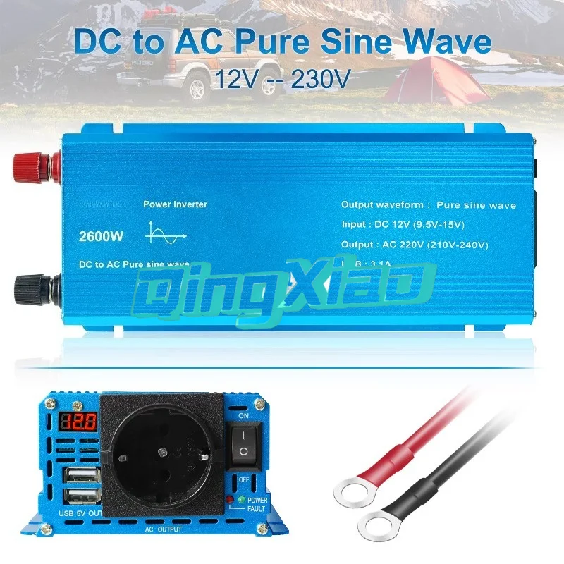 2600W Pure Sine Wave Power Inverter DC12V To AC110V-240V With Dual USB Output For Car RV Home 5200W Peak Multi Protection