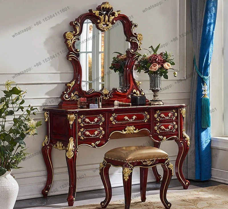 

LXNew Классический туалетный столик для спальни из красного сандалового дерева, роскошный набор: столик, зеркало, табурет SSS