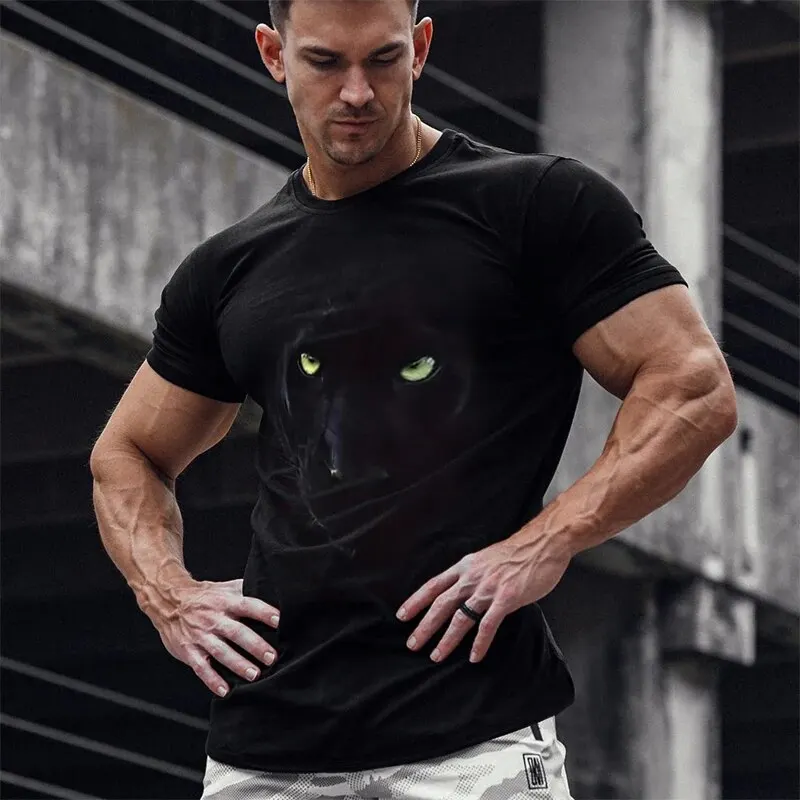 Summer New Men\'s Large Casual Short Sleeve T-Shirt Premium Sense Pullover Round Neck 3D Digital Panther Print Street Outdoor Top