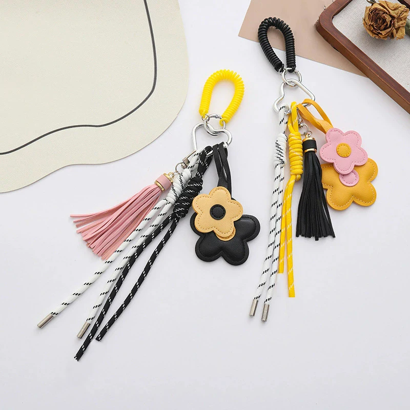 1Pcs Fashion Leather Flower Tassel Braided Rope Keychain Bag Charms Pendant For Women Handbag Purse Car Key Ring